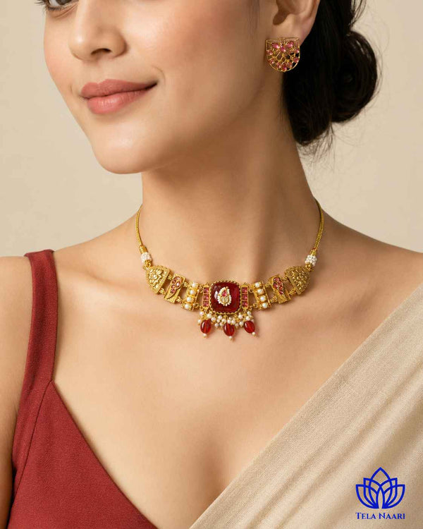 Ojaswi Gold Plated Red Stone Pearl Choker Necklace Set