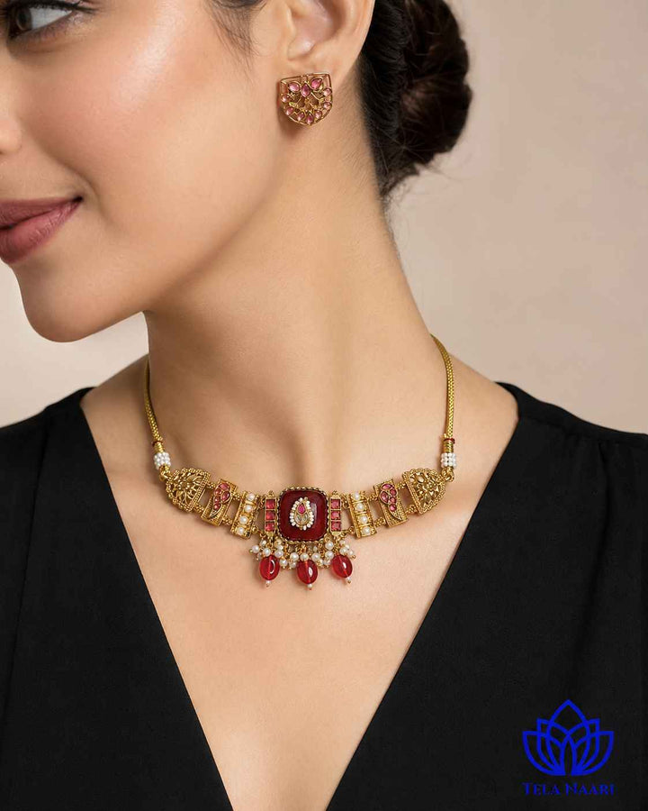 Ojaswi Gold Plated Red Stone Pearl Choker Necklace Set