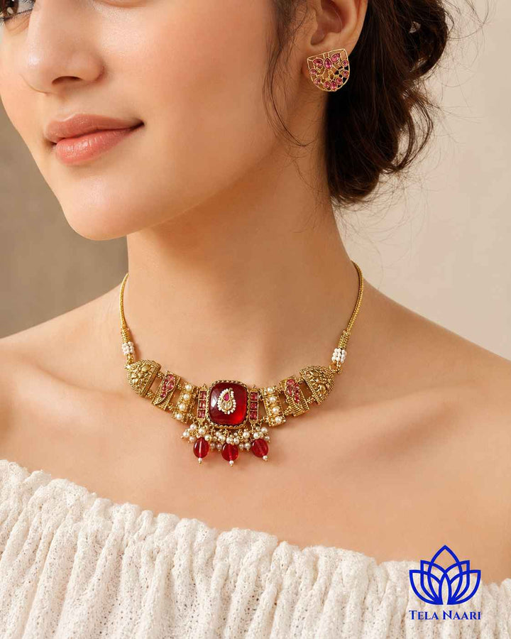 Ojaswi Gold Plated Red Stone Pearl Choker Necklace Set