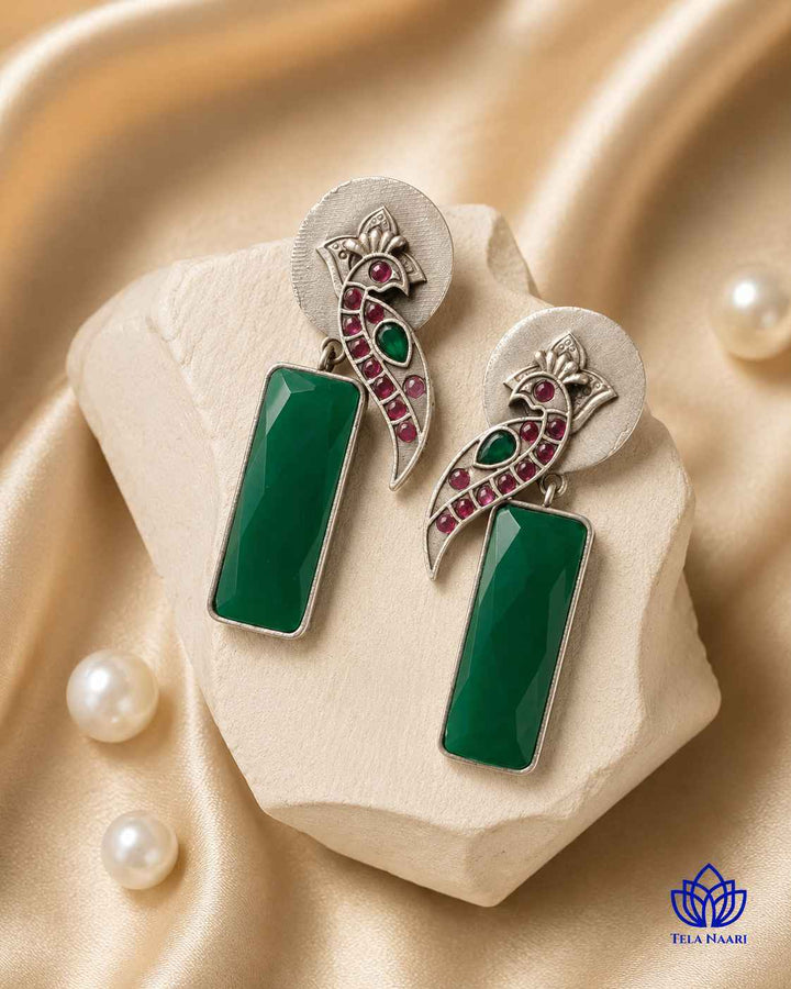 Begunia Silver Plated Green Earrings