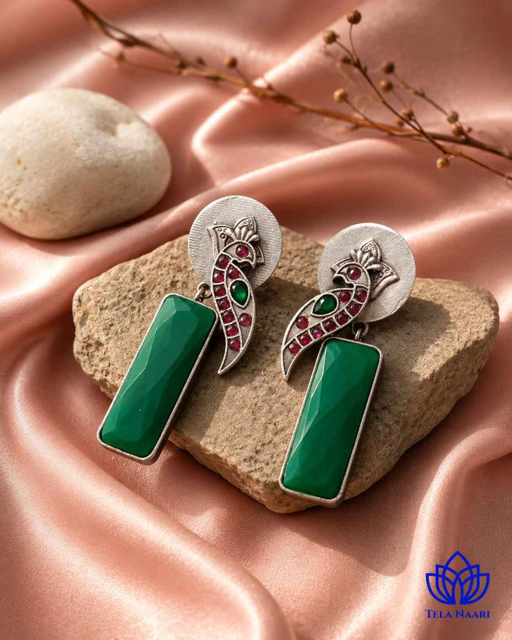 Begunia Silver Plated Green Earrings