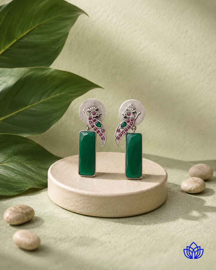Begunia Silver Plated Green Earrings