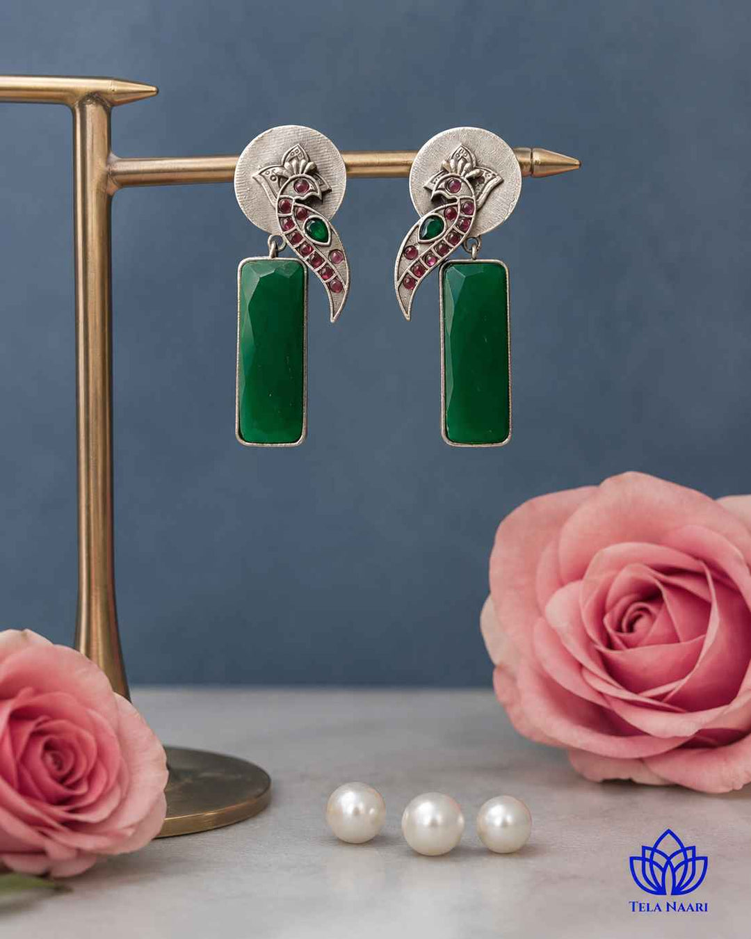 Begunia Silver Plated Green Earrings