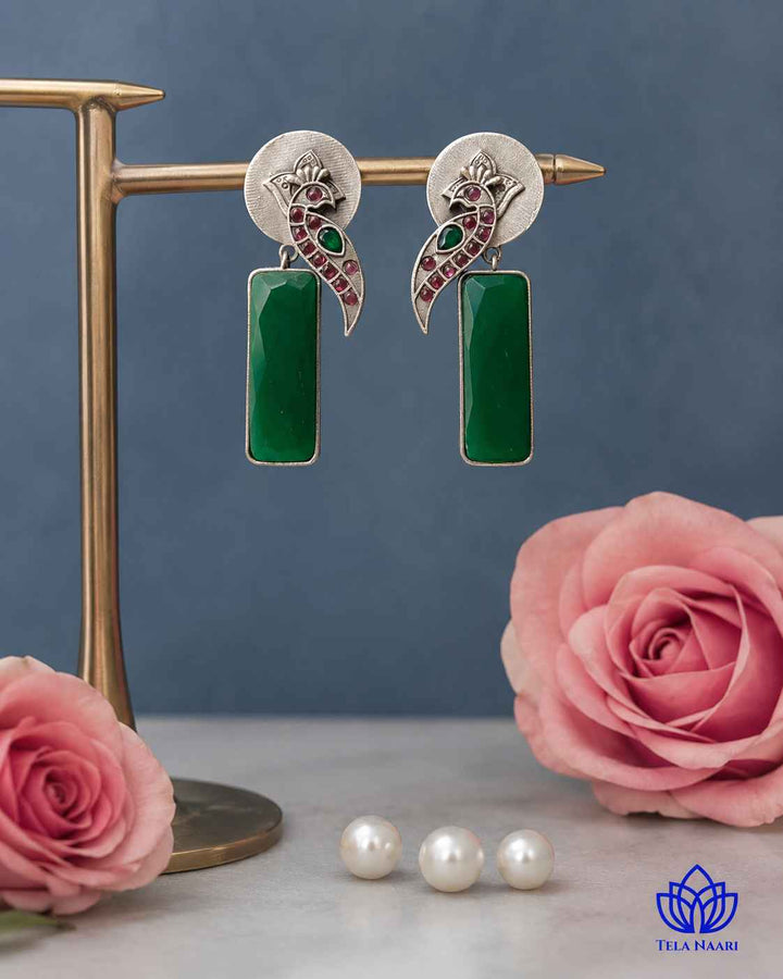 Begunia Silver Plated Green Earrings
