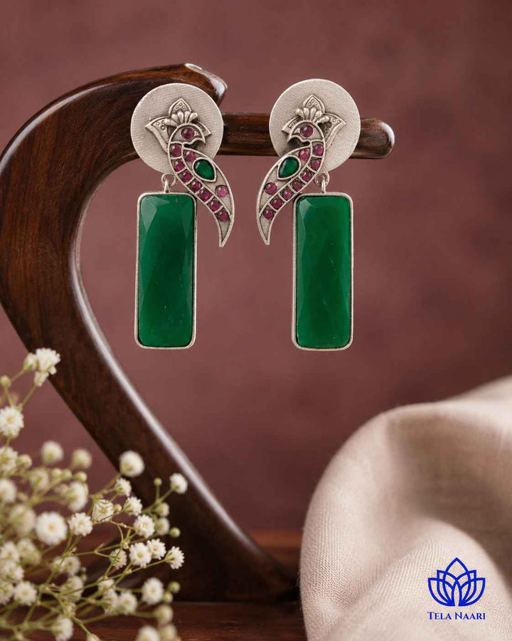 Begunia Silver Plated Green Earrings