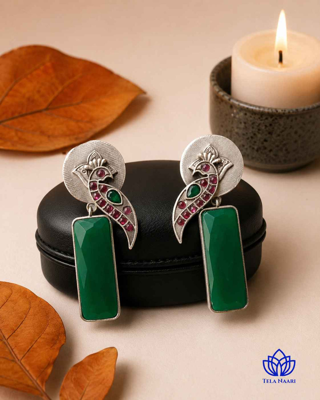 Begunia Silver Plated Green Earrings