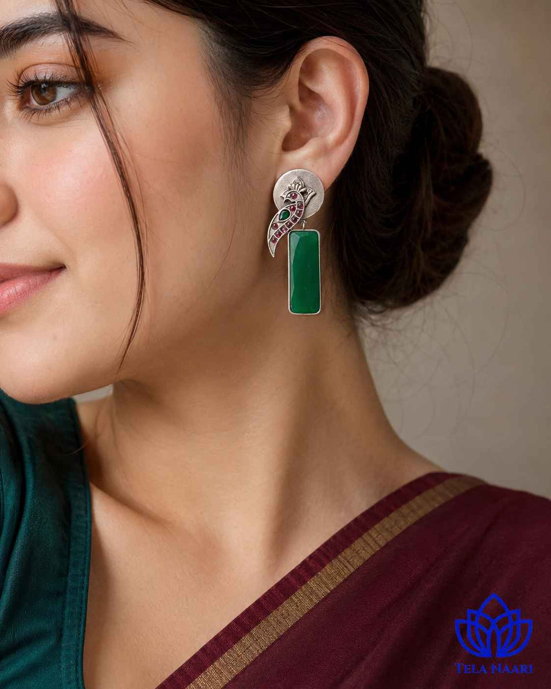 Begunia Silver Plated Green Earrings