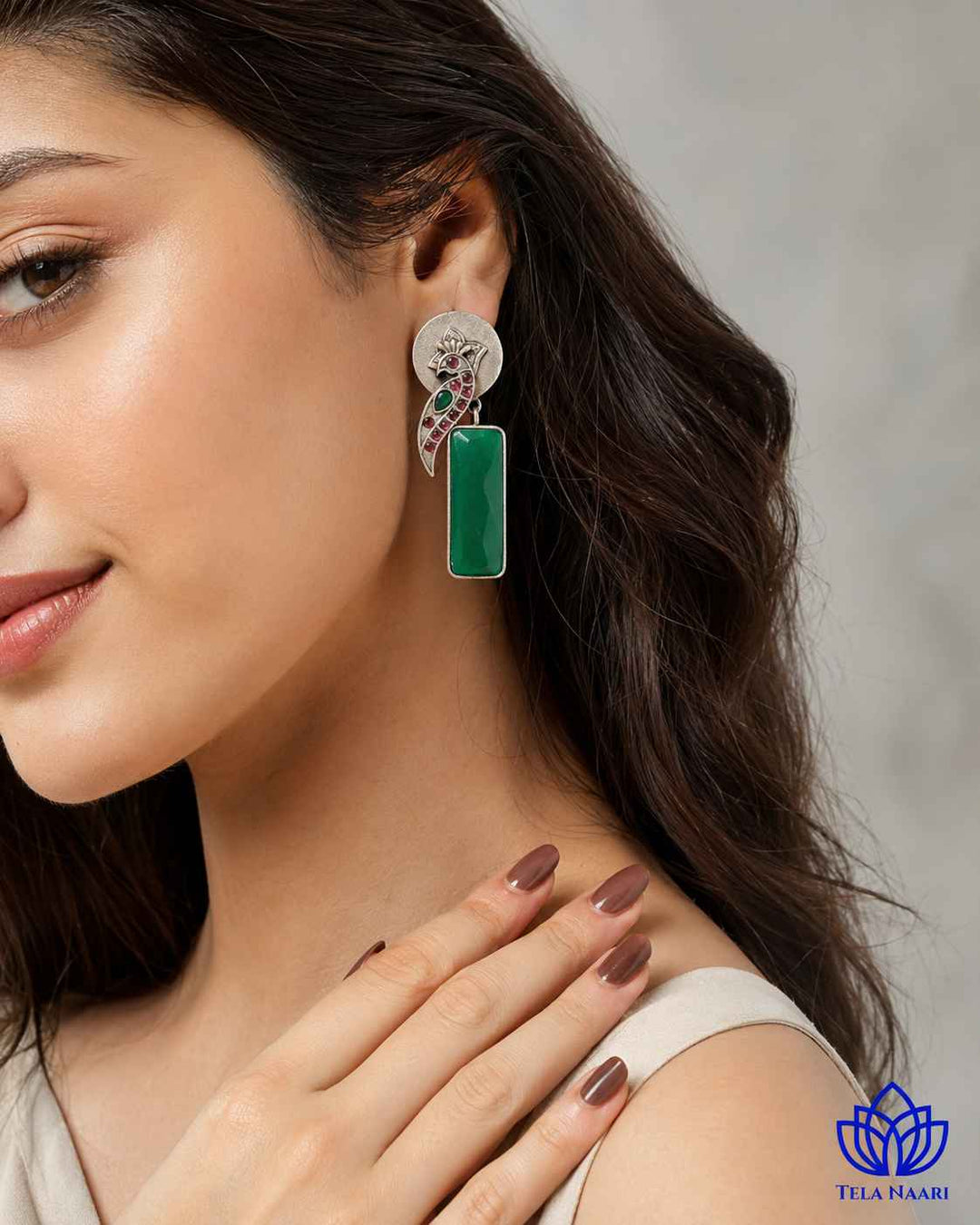 Begunia Silver Plated Green Earrings