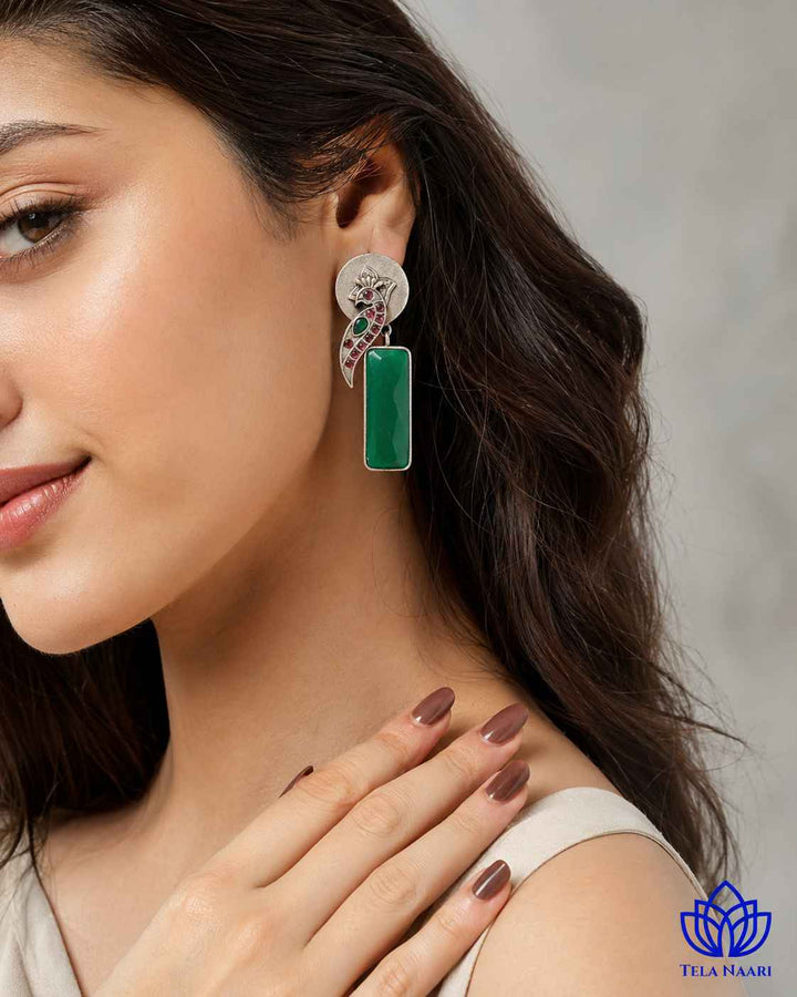 Begunia Silver Plated Green Earrings