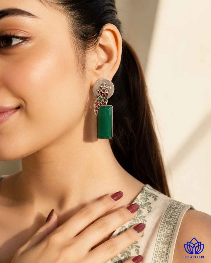 Begunia Silver Plated Green Earrings