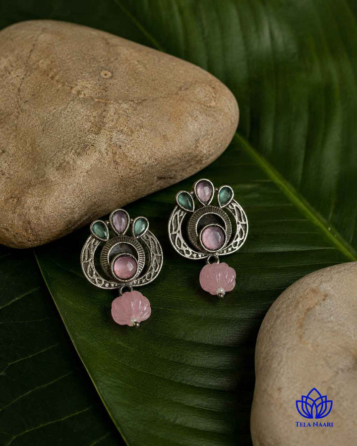 Silver Oxidised Multi-Stone Small Stud Earrings