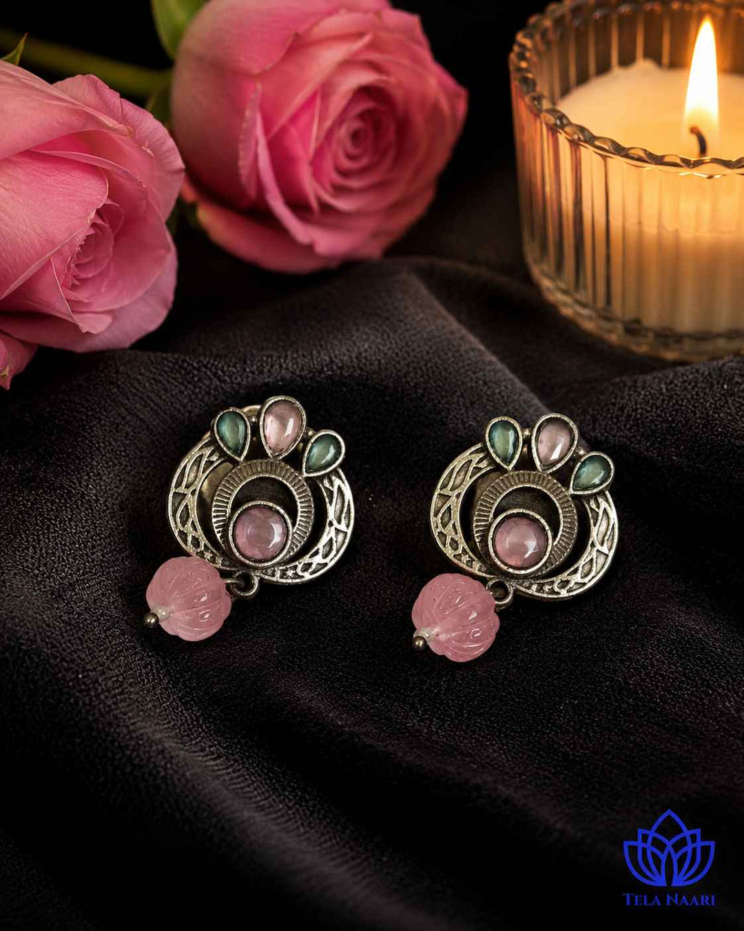 Silver Oxidised Multi-Stone Small Stud Earrings