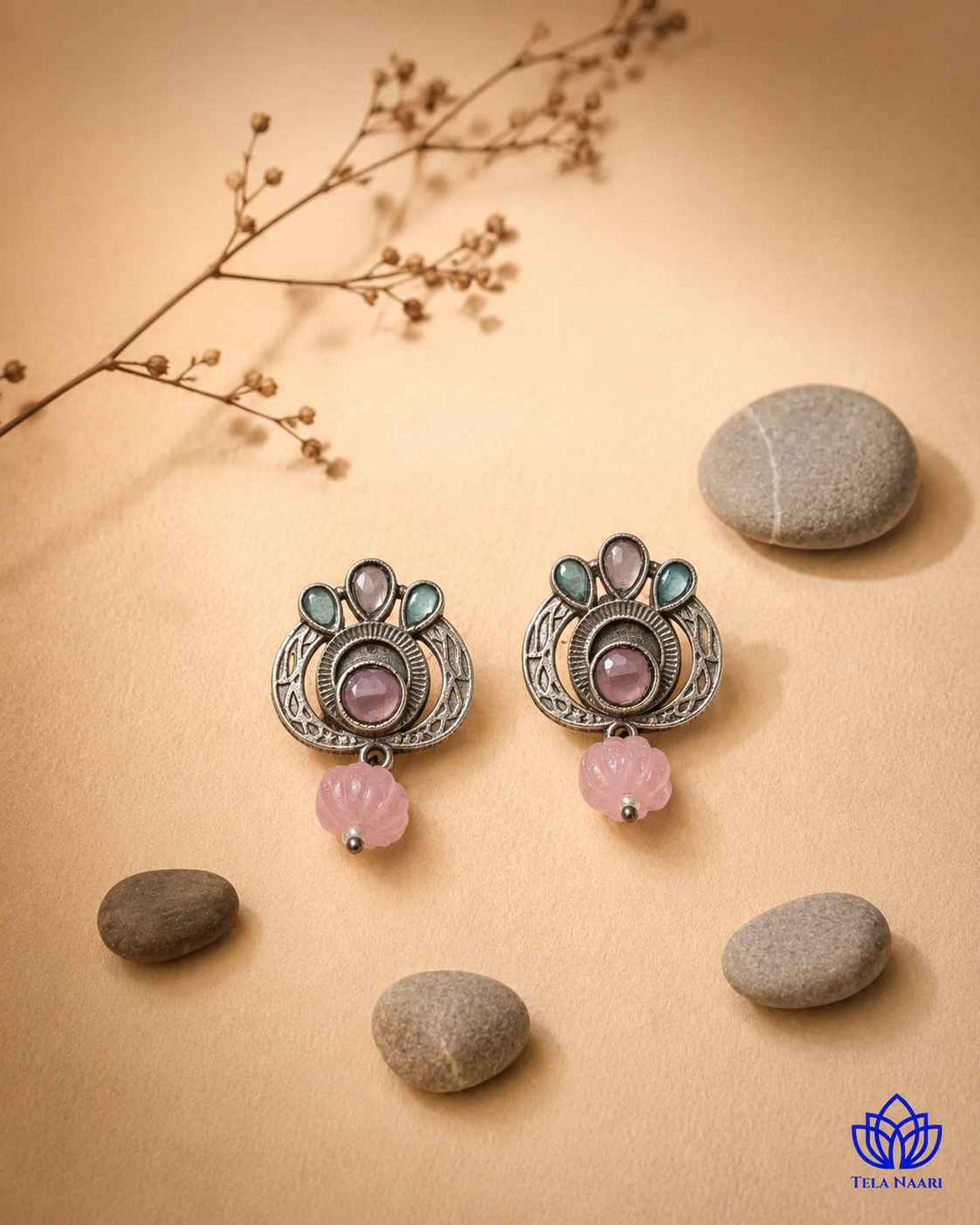Silver Oxidised Multi-Stone Small Stud Earrings