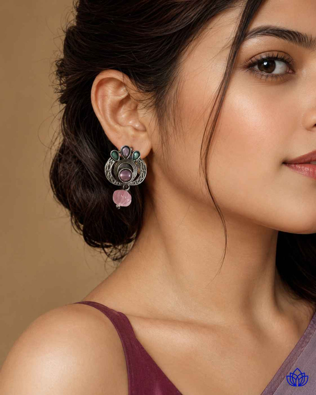Silver Oxidised Multi-Stone Small Stud Earrings