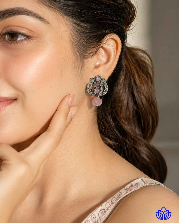 Silver Oxidised Multi-Stone Small Stud Earrings