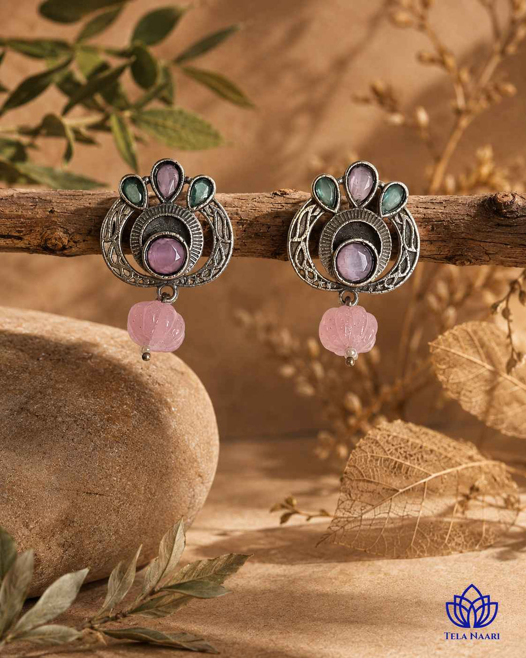 Silver Oxidised Multi-Stone Small Stud Earrings