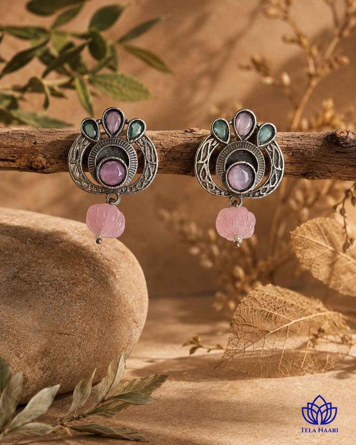 Silver Oxidised Multi-Stone Small Stud Earrings