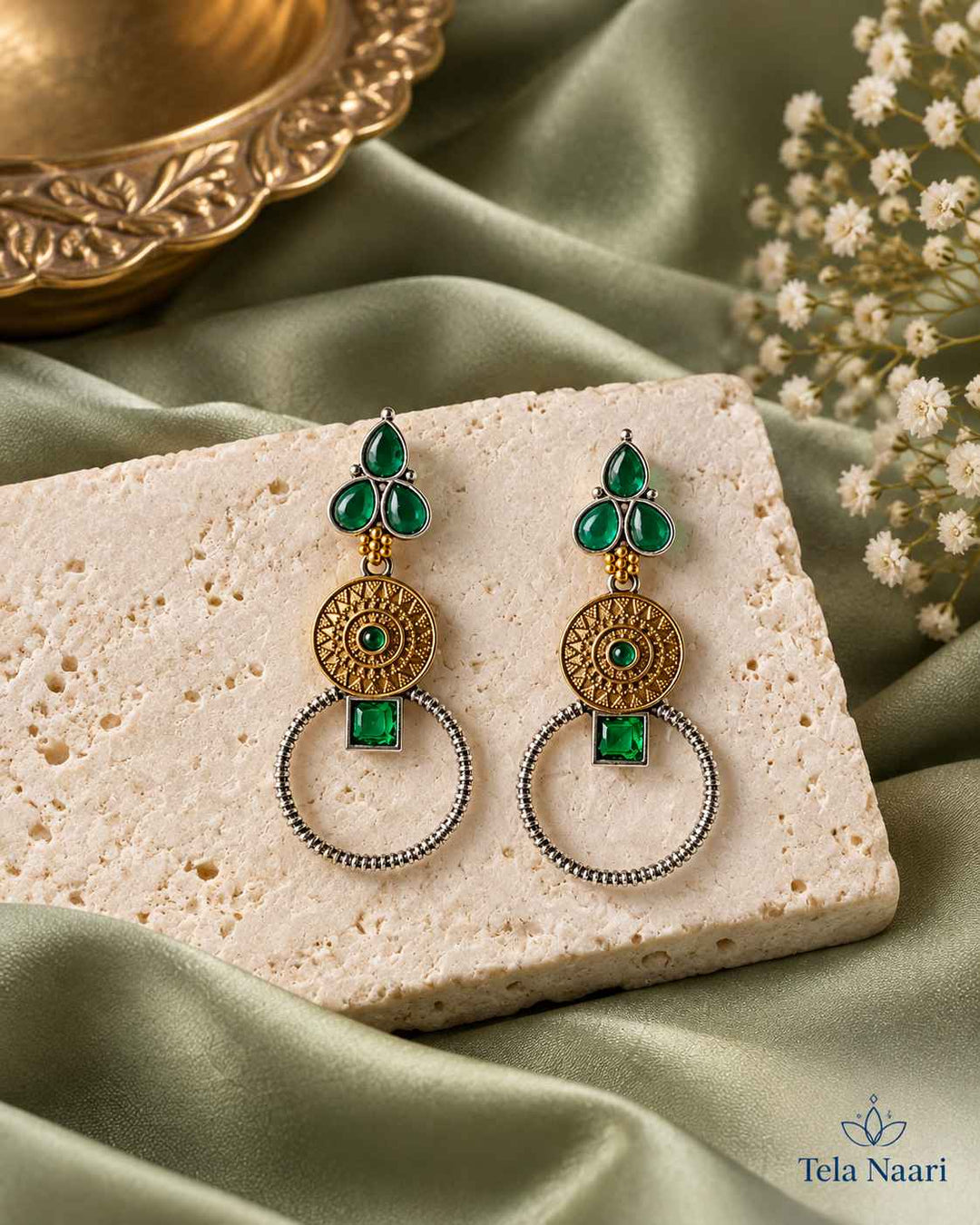 Aishwarya Green Dual Tone Silver Plated Earrings