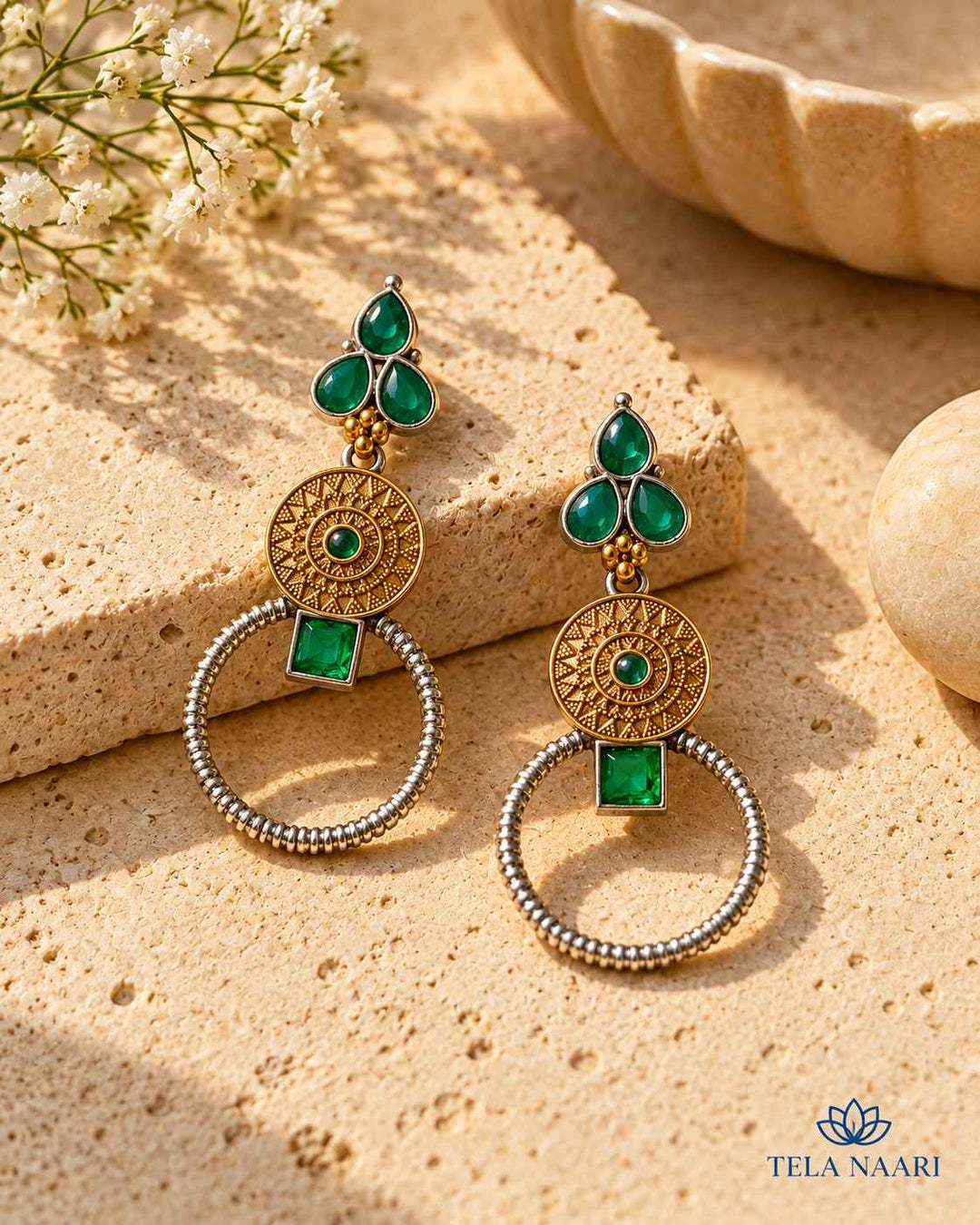 Aishwarya Green Dual Tone Silver Plated Earrings