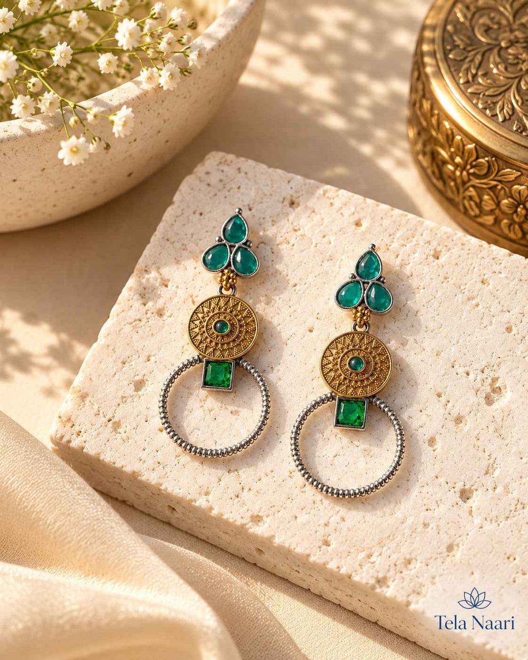Aishwarya Green Dual Tone Silver Plated Earrings
