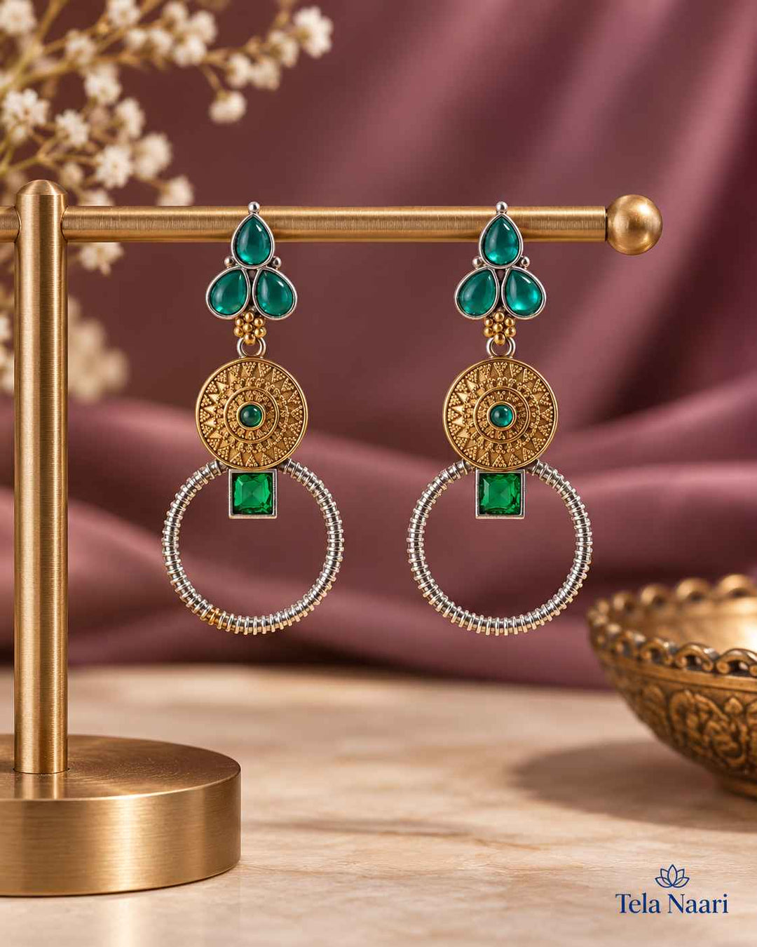 Aishwarya Green Dual Tone Silver Plated Earrings