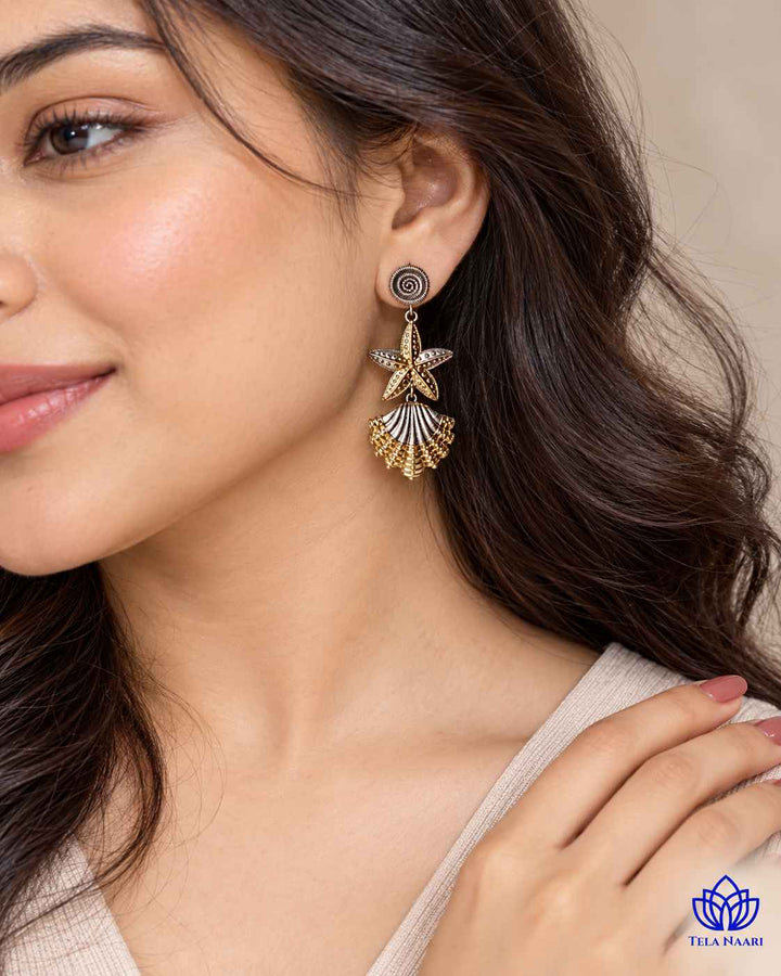 Star Inspired Dual Tone Silver Plated Earrings