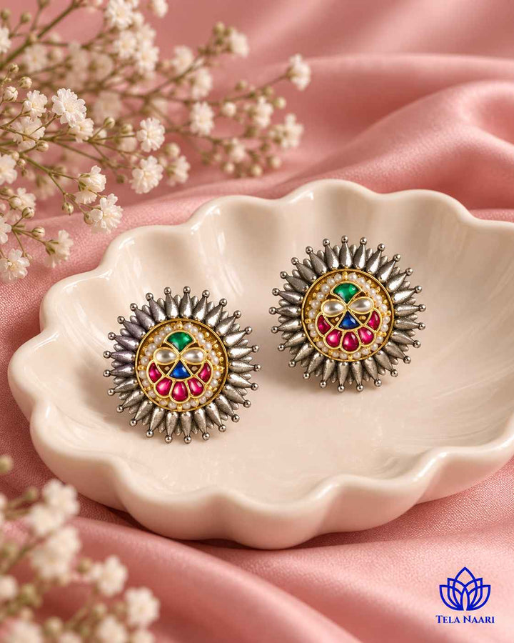 Reshmi Pachi Kundan Dual Tone Sun Stud Earrings