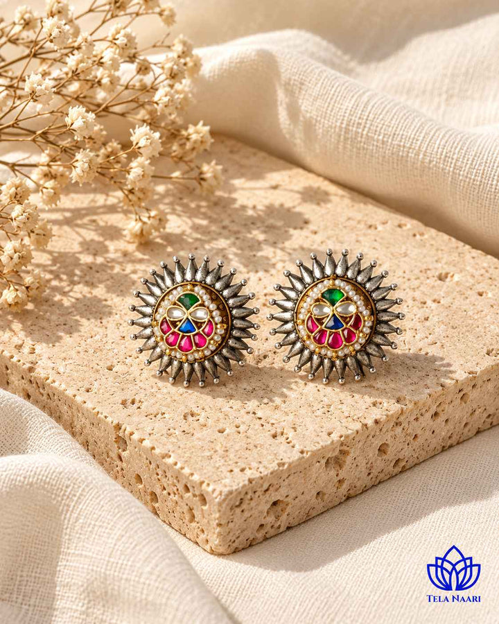 Reshmi Pachi Kundan Dual Tone Sun Stud Earrings