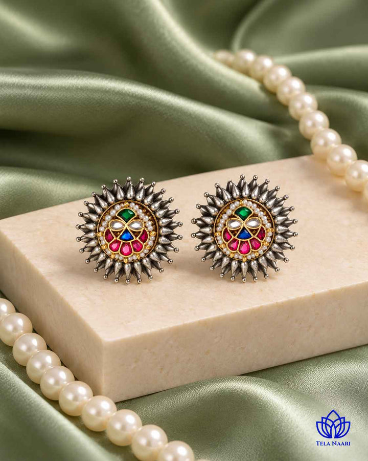 Reshmi Pachi Kundan Dual Tone Sun Stud Earrings