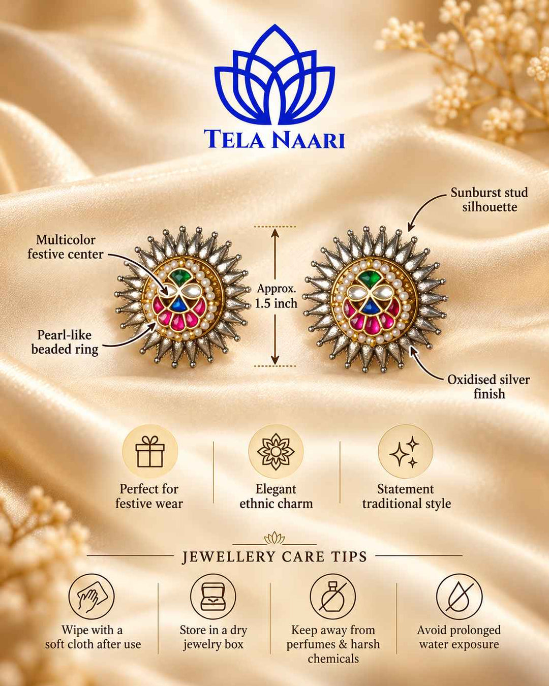 Reshmi Pachi Kundan Dual Tone Sun Stud Earrings