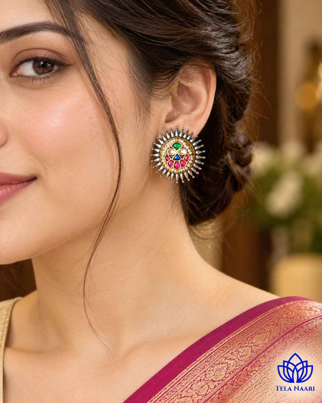 Reshmi Pachi Kundan Dual Tone Sun Stud Earrings