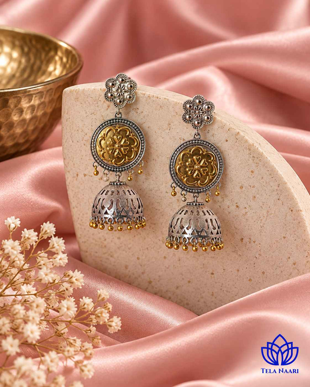 Anuradha Dual Tone Floral Disc Jhumka Earrings