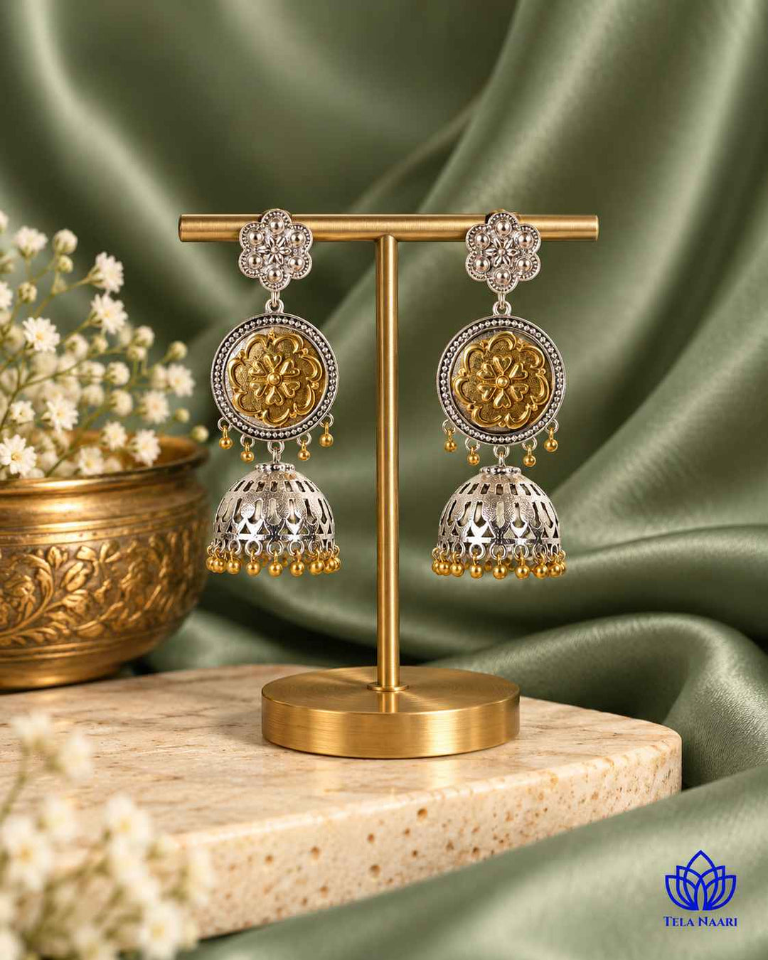 Anuradha Dual Tone Floral Disc Jhumka Earrings