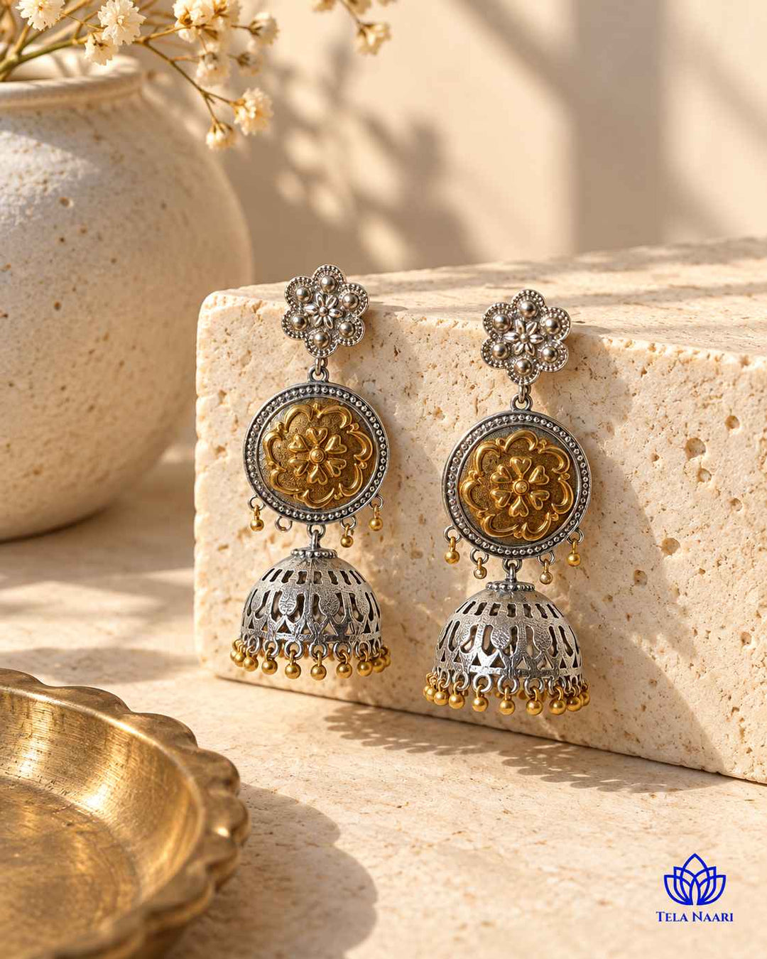 Anuradha Dual Tone Floral Disc Jhumka Earrings