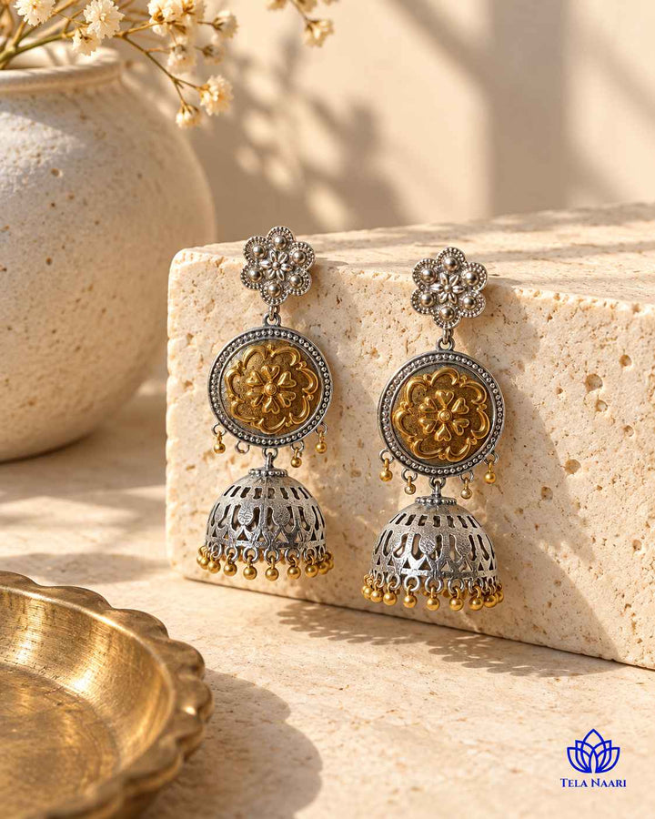 Anuradha Dual Tone Floral Disc Jhumka Earrings