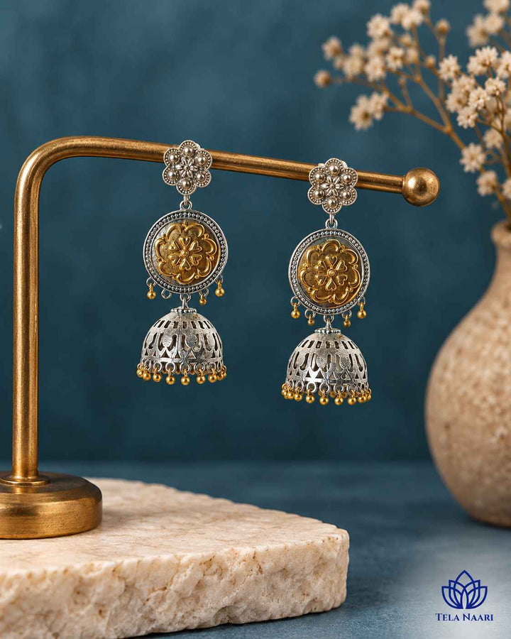 Anuradha Dual Tone Floral Disc Jhumka Earrings