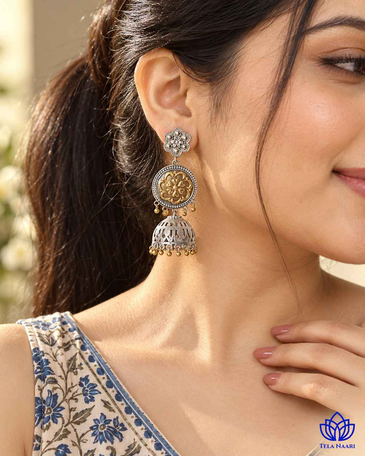 Anuradha Dual Tone Floral Disc Jhumka Earrings