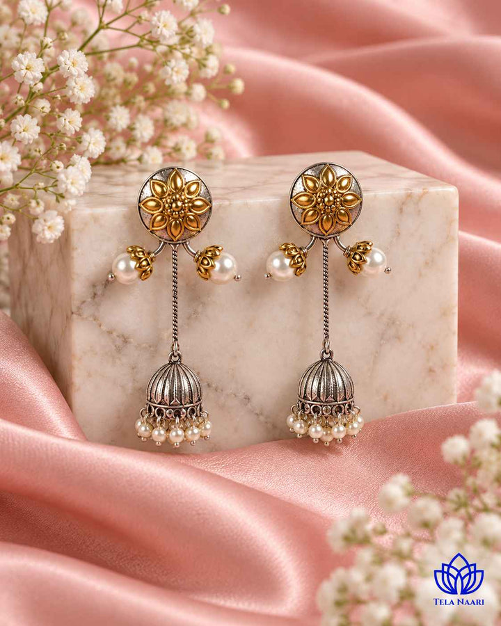 Indu Dual Tone Fushion Pachi Kundan Jhumki Earrings