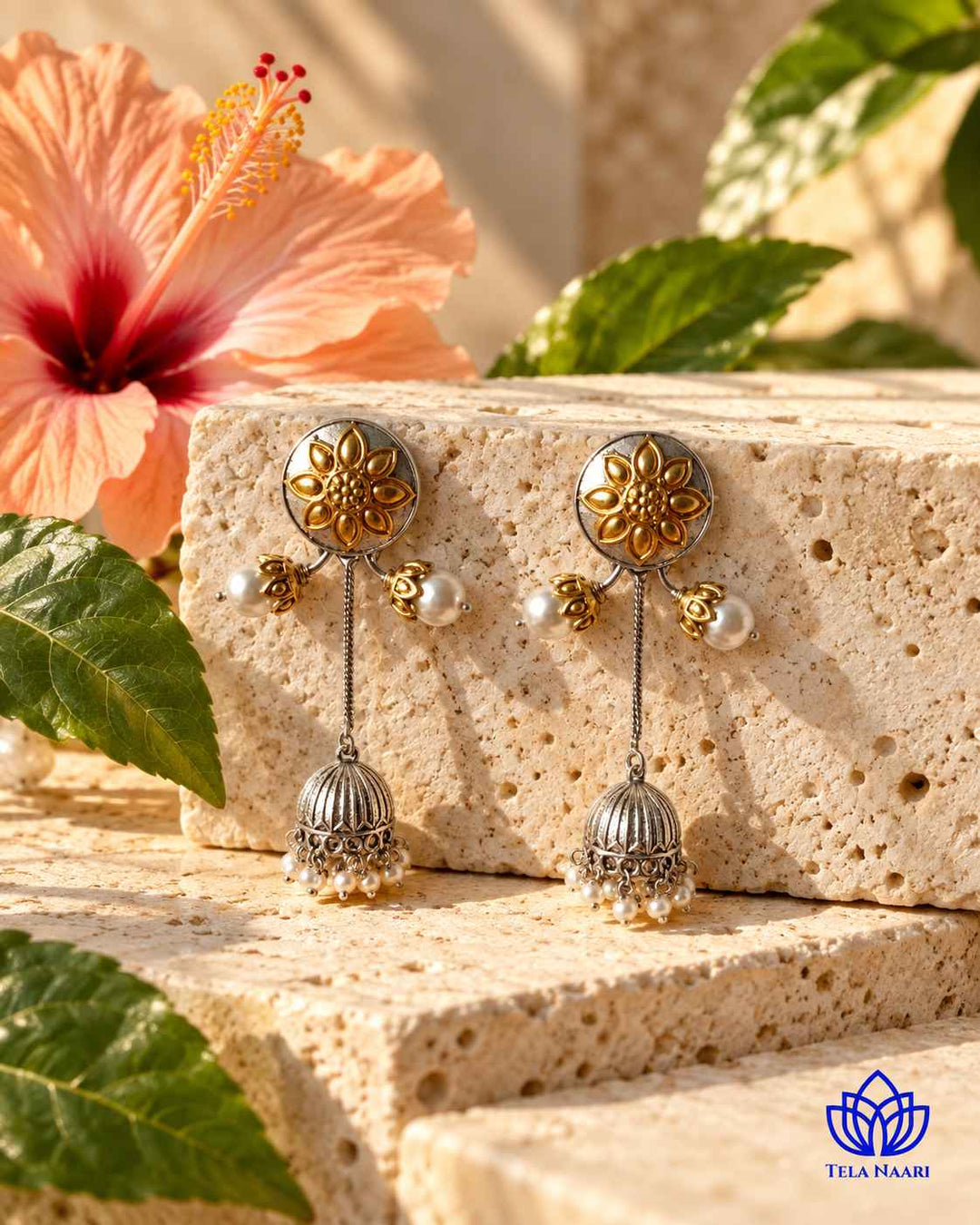 Indu Dual Tone Fushion Pachi Kundan Jhumki Earrings