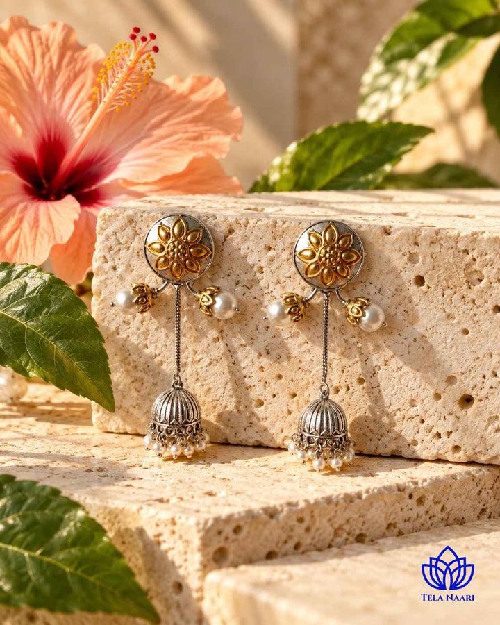 Indu Dual Tone Fushion Pachi Kundan Jhumki Earrings