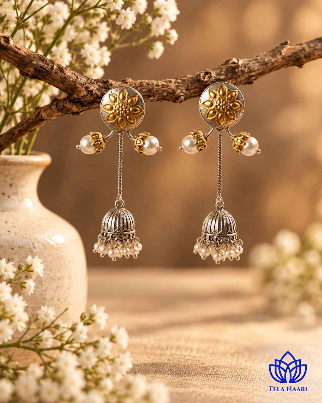 Indu Dual Tone Fushion Pachi Kundan Jhumki Earrings