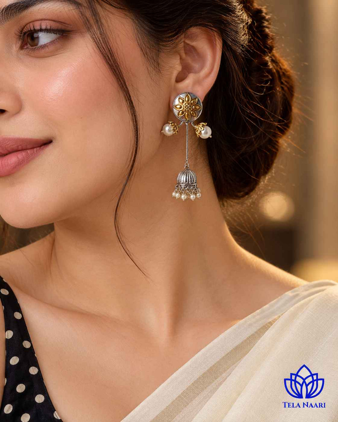Indu Dual Tone Fushion Pachi Kundan Jhumki Earrings