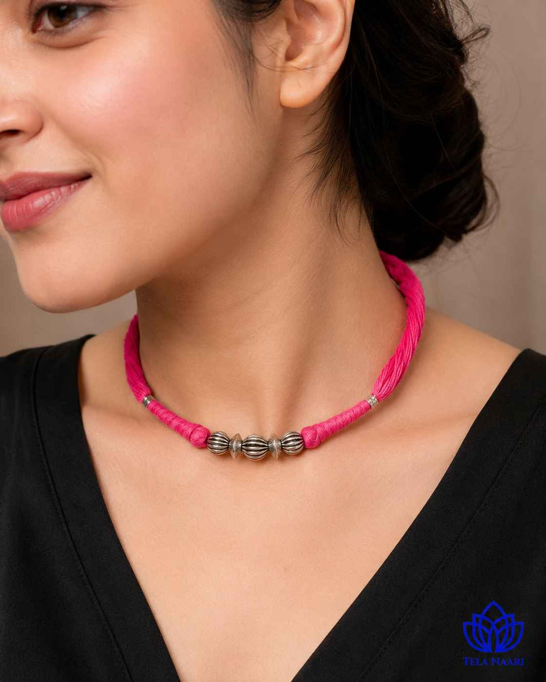 Lata Silver Plated Pink Thread Choker Necklace