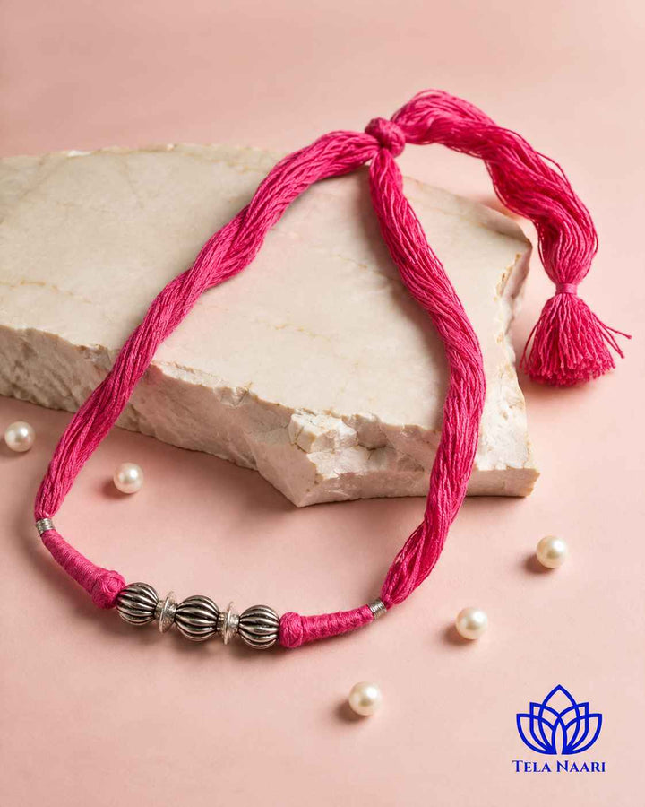 Lata Silver Plated Pink Thread Choker Necklace