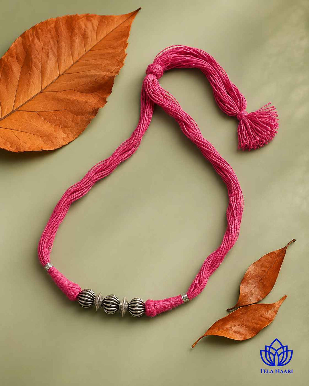 Lata Silver Plated Pink Thread Choker Necklace