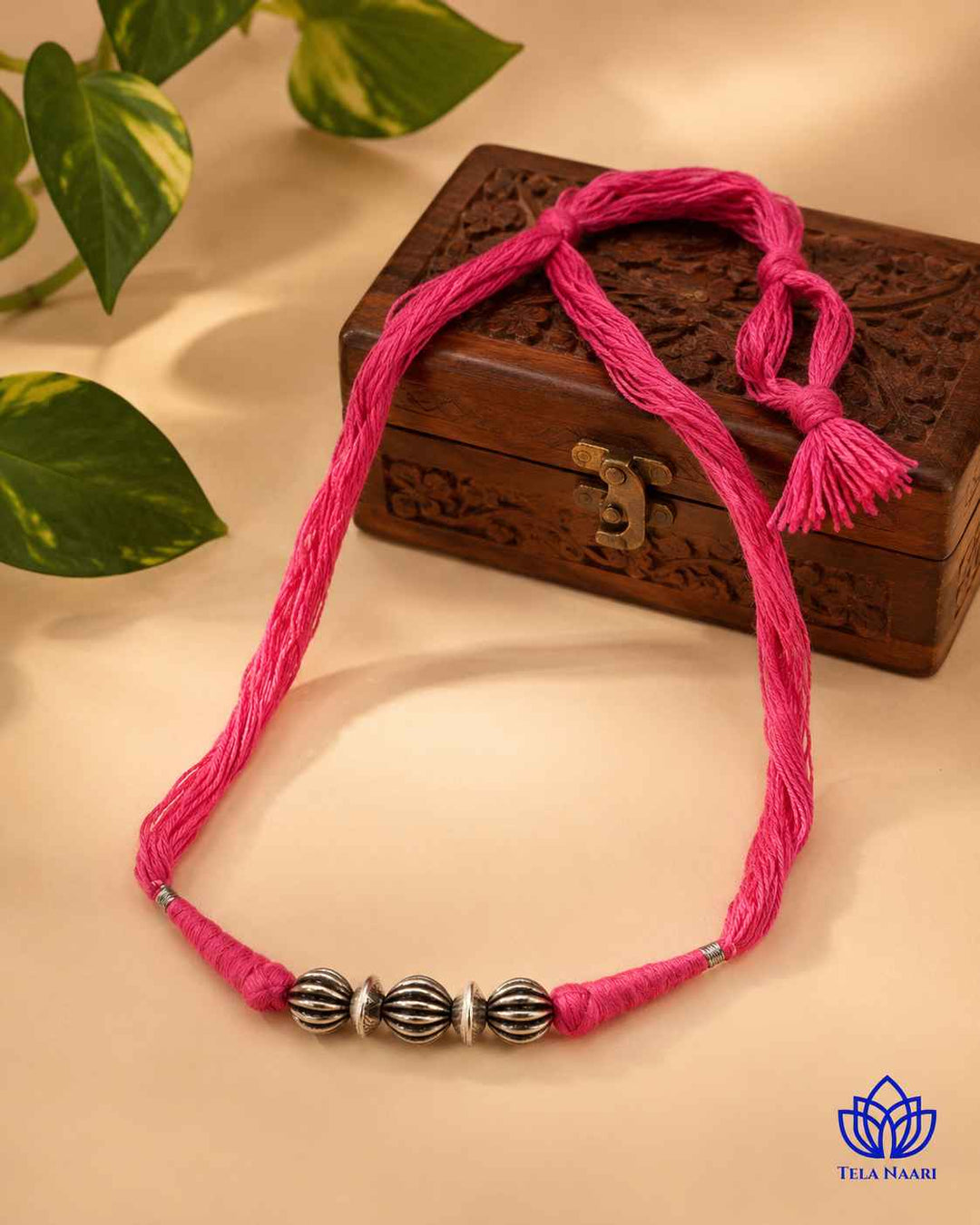 Lata Silver Plated Pink Thread Choker Necklace