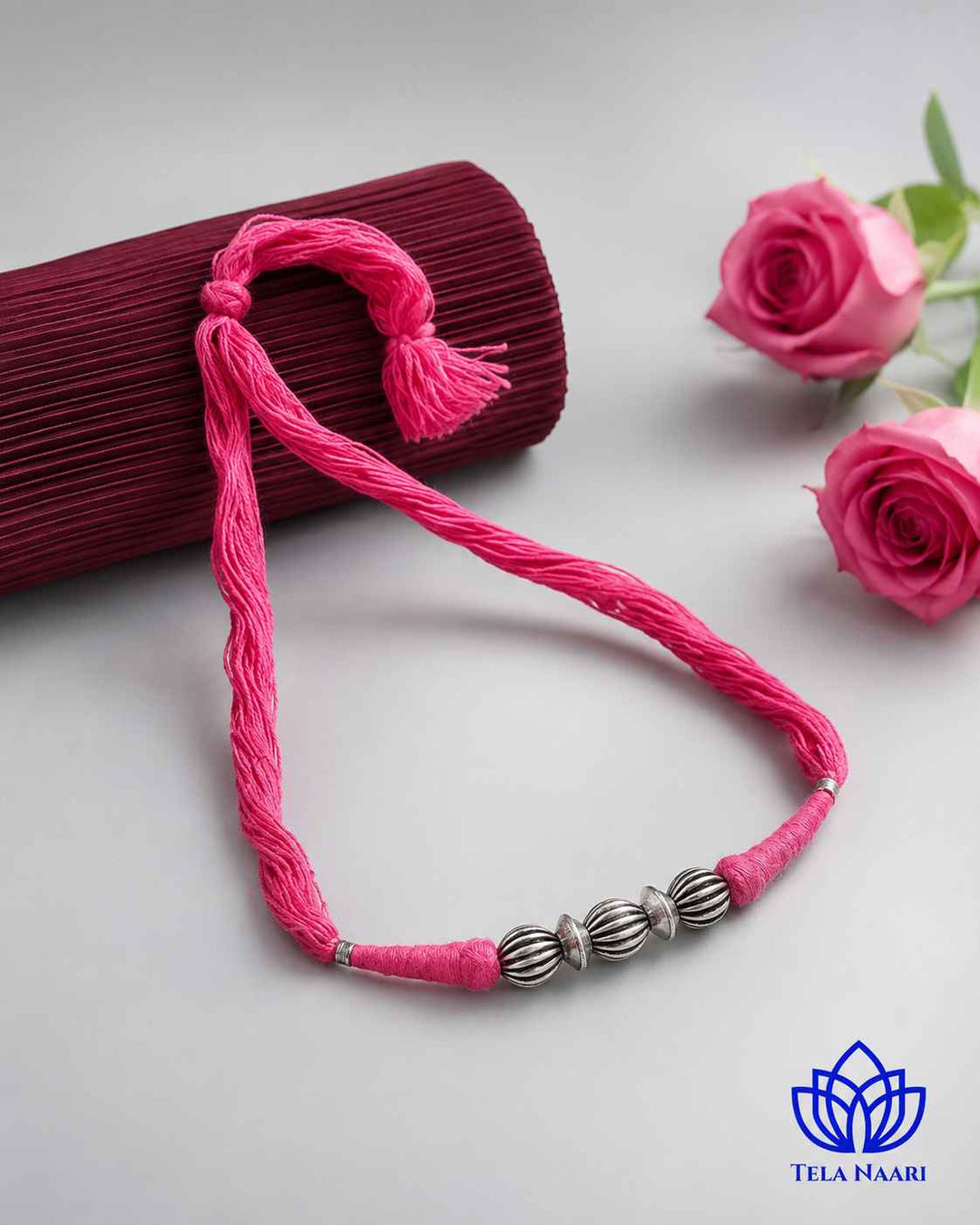 Lata Silver Plated Pink Thread Choker Necklace