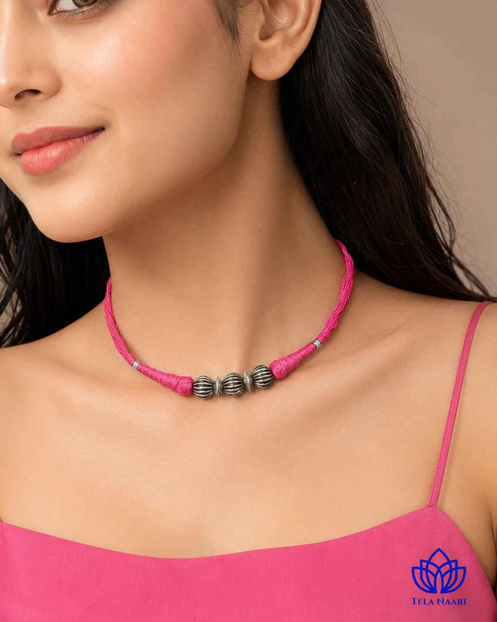 Lata Silver Plated Pink Thread Choker Necklace