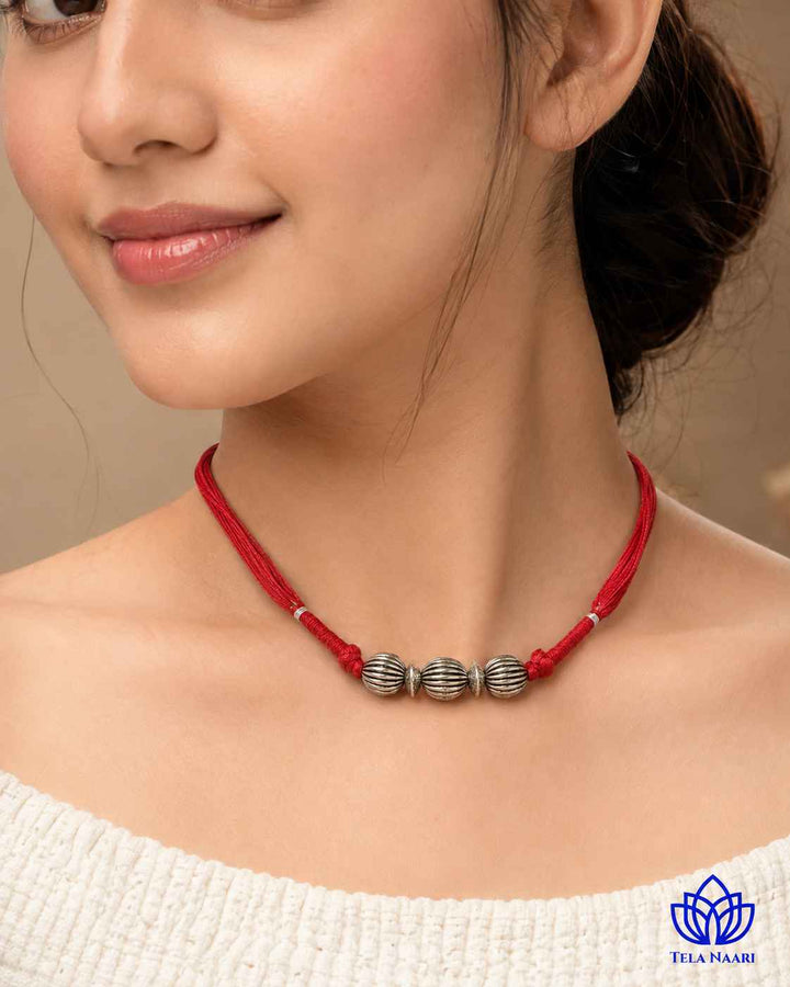 Leela Silver Plated Red Thread Choker Necklace