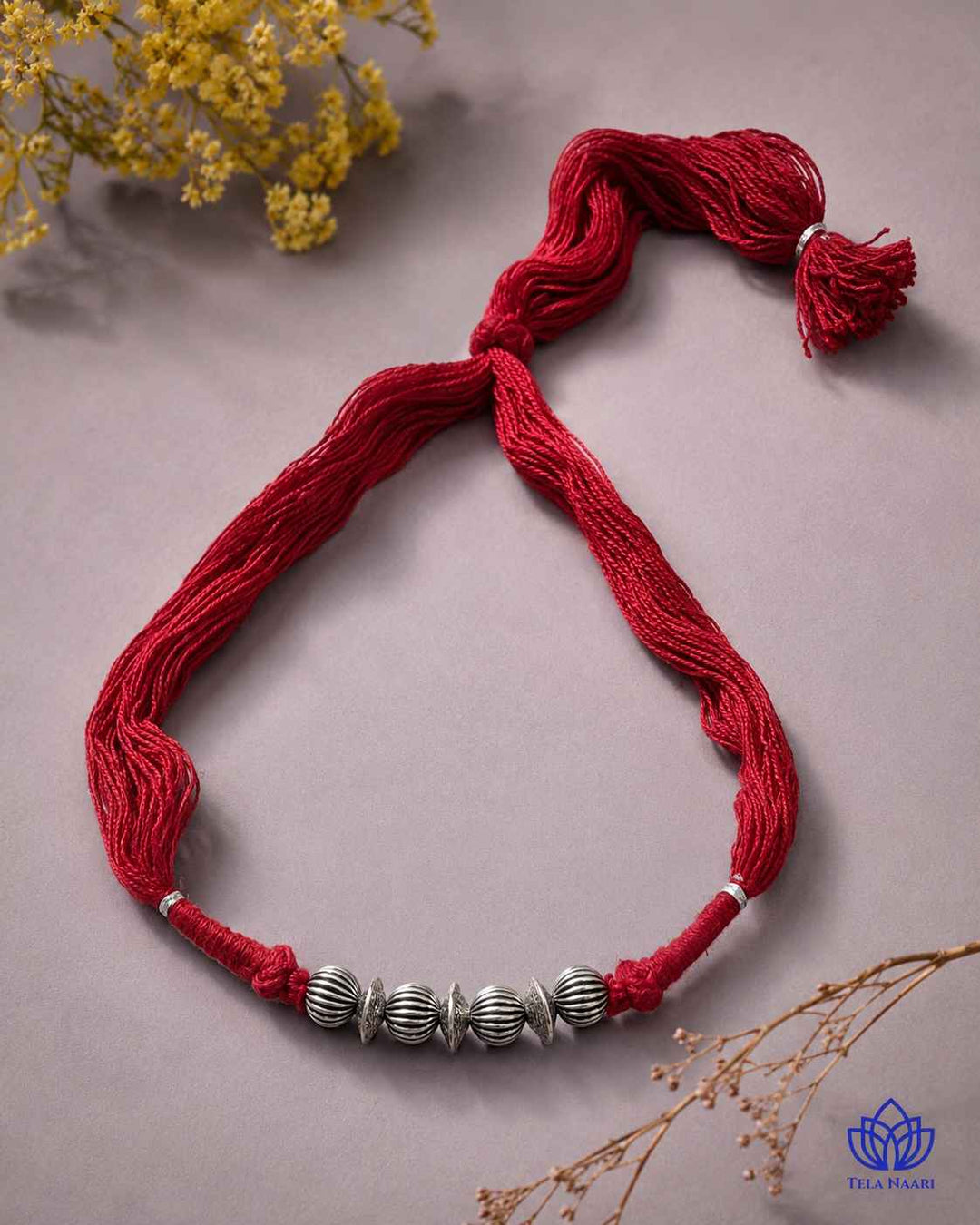 Madhuri Silver Plated Maroon Thread Choker Necklace